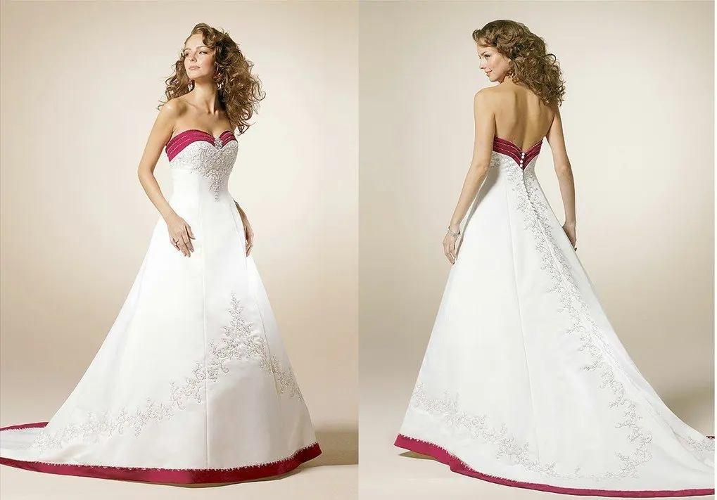 Линии контрастного цвета атласное свадебное платье с белой вышивкой красной отделкой