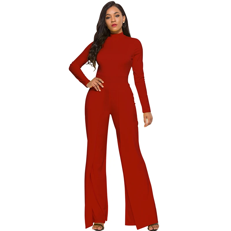 Женский комбинезон с широкими штанинами, Обтягивающие Комбинезоны с высоким воротником, на молнии, с длинным рукавом, комбинезон с высокой талией, женский спортивный костюм XXL - Цвет: red