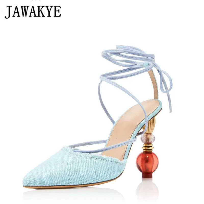 

JAWAKYE String-beads Heel Sandals Women Pointed Toe Genuine Leather Cross Tied Summer Shoes Ladies Party Shoes Runway Design