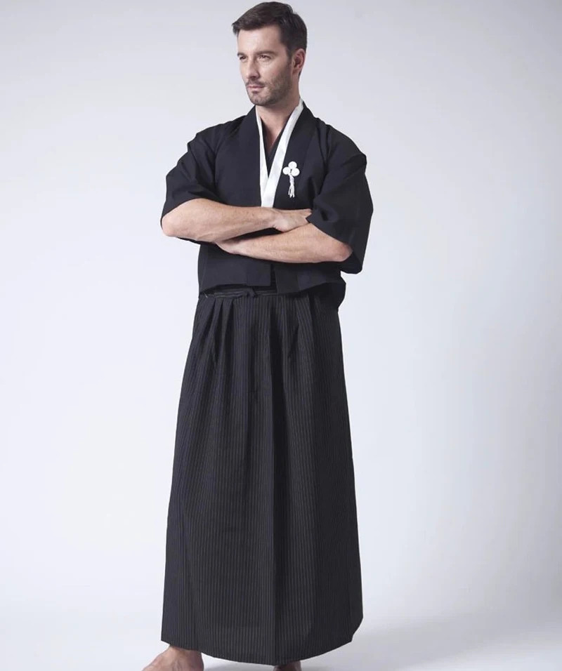 Black Classic Japanese Samurai Clothing Men's Warrior Kimono With Obi ...