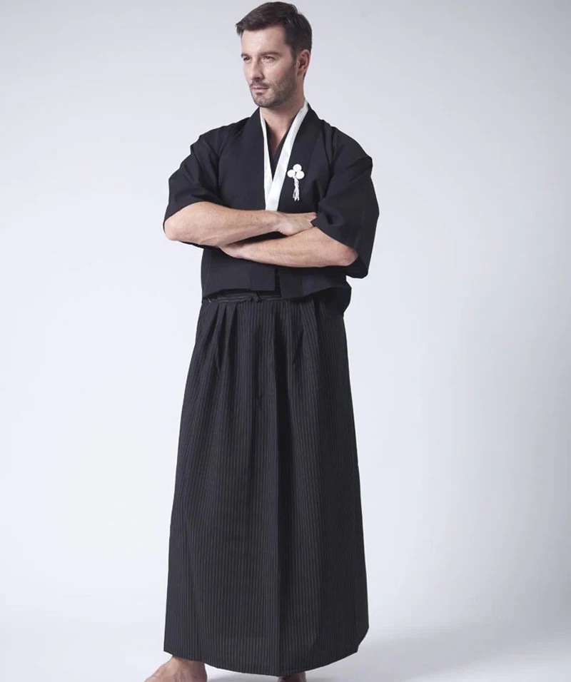 Black Classic Japanese Samurai Clothing Men's Warrior Kimono With Obi Traditional Yukata Haori Halloween Costume One Size B-067