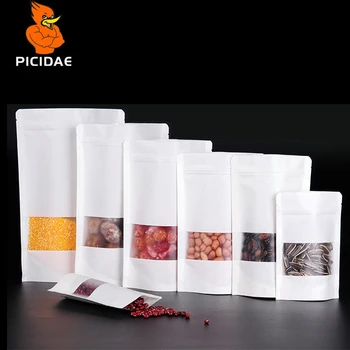 

White Stand Kraft Paper Window Frosted Showcase Packaging Bag Candy Snacks Pastry Zip Lock Reusable Heat Seal Food Package Pouch