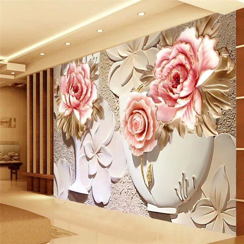 Large-Painting-Home-Decor-Embossed-white-peony-flowers-Hotel-Background-Modern-Mural-for-Living-Room-Murales (1)