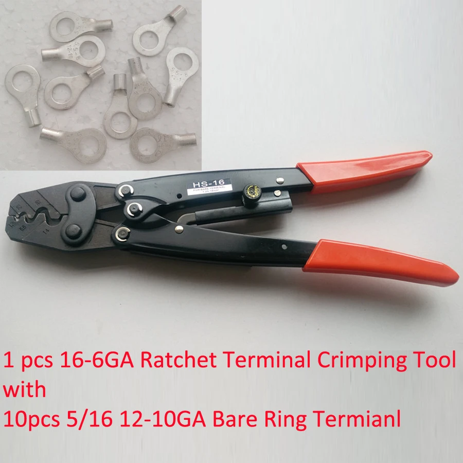 

HS-16 Ratchet Terminal Crimper and 10pcs Non-insulated Wire Ring Terminal Connector with crimping tool or crimp 12-10AWG