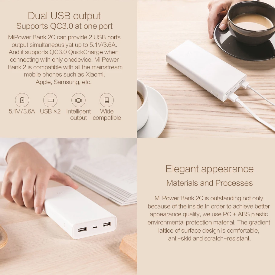  Original 20000mAh Xiaomi Power Bank 2C 2-way carga rápida QC3.0 mi powerbank Dual puertos USB bater