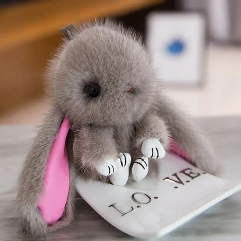 

2017real fur mink animal key chain cute anime rabbit women's bag pendant bunny keychain white charm tag doll for children's gift