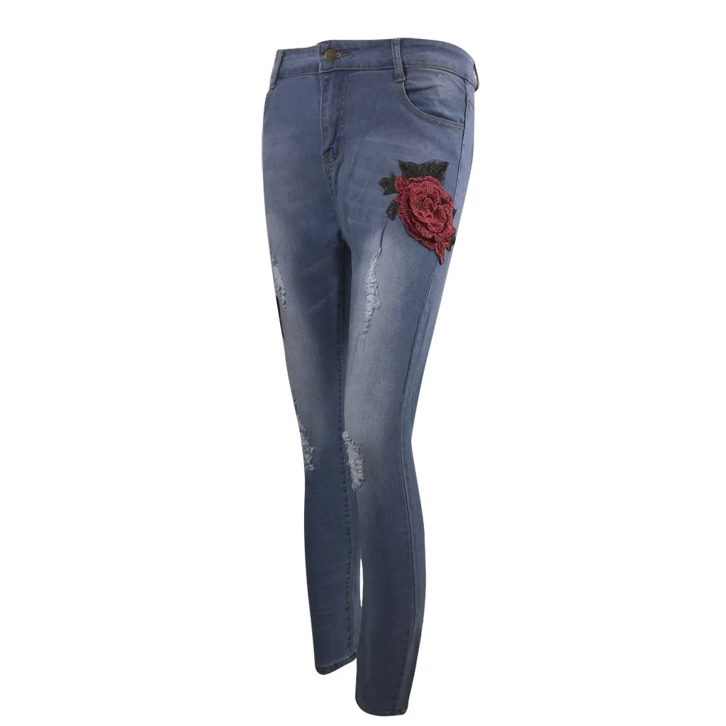 JAYCOSIN, Стрейчевые джинсы с вышивкой для женщин, рваные джинсы с рисунком розы, Pantalon, женские джинсы с цветочным принтом, женские джинсовые брюки-карандаш