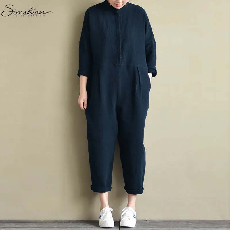 Vintage Linen Jumpsuits 2018 Women Long Sleeve Rompers Female Casual Solid Overalls Pockets Oversized Lady Autumn Pantalon Pants