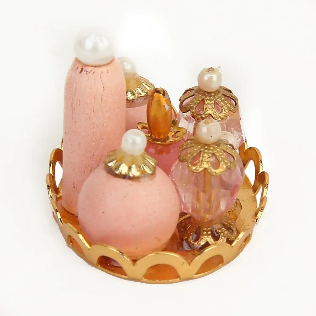 

New 1/12 Miniature Dollhouse Pink Perfume Bottle with Golden Platter