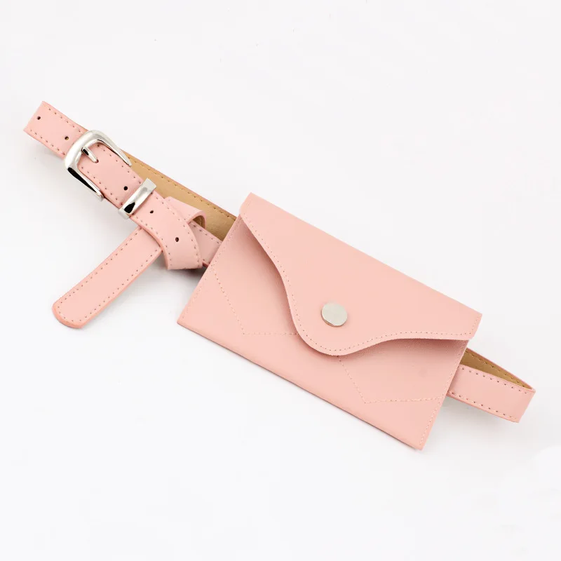 Fashion Women Fanny Pack Simple Vintage Mini Adjustable Phone Purse Key card Envelope bag high quality PU Leather Waist Bag - Цвет: Pink Silver buckle