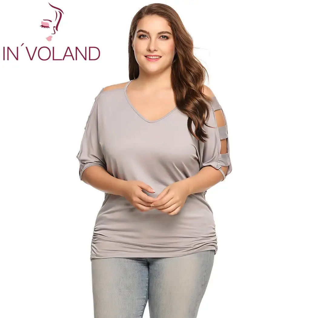

IN'VOLAND Women T-Shirt Tops Plus Size Casual V-Neck Half Ladder Sleeve Solid Pullover Spring Autumn Female Tshirt Tee Oversized