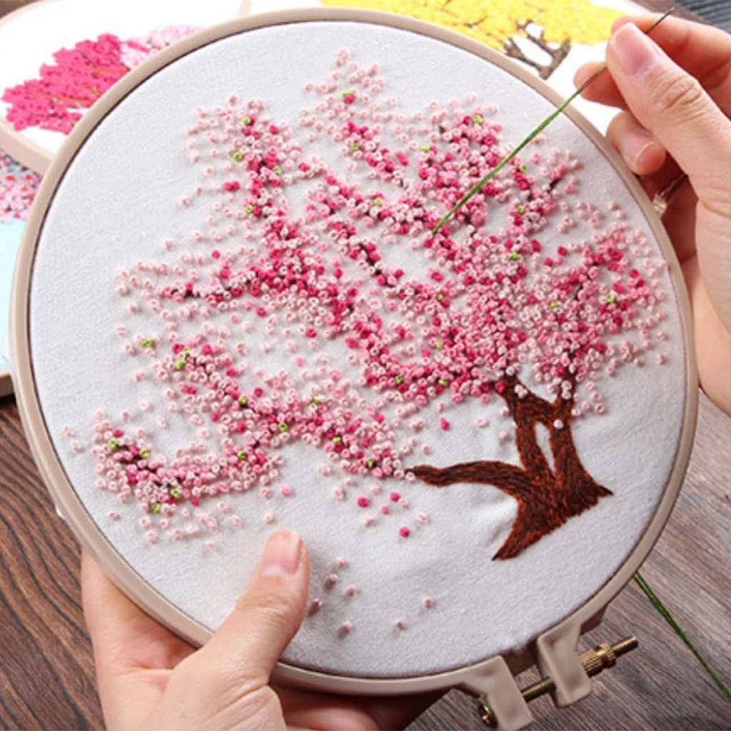 DIY Ribbon Tree Pattern Embroidery Cross Stitch Set Needlework Kits Sewing Decor