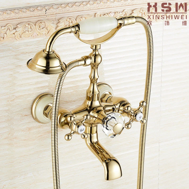 

Shower Faucets Luxury Rose Gold Jade Bathroom Faucet Mixer Tap Telephone Type Bath with Crystal Handle Bathtub Faucets YD-993