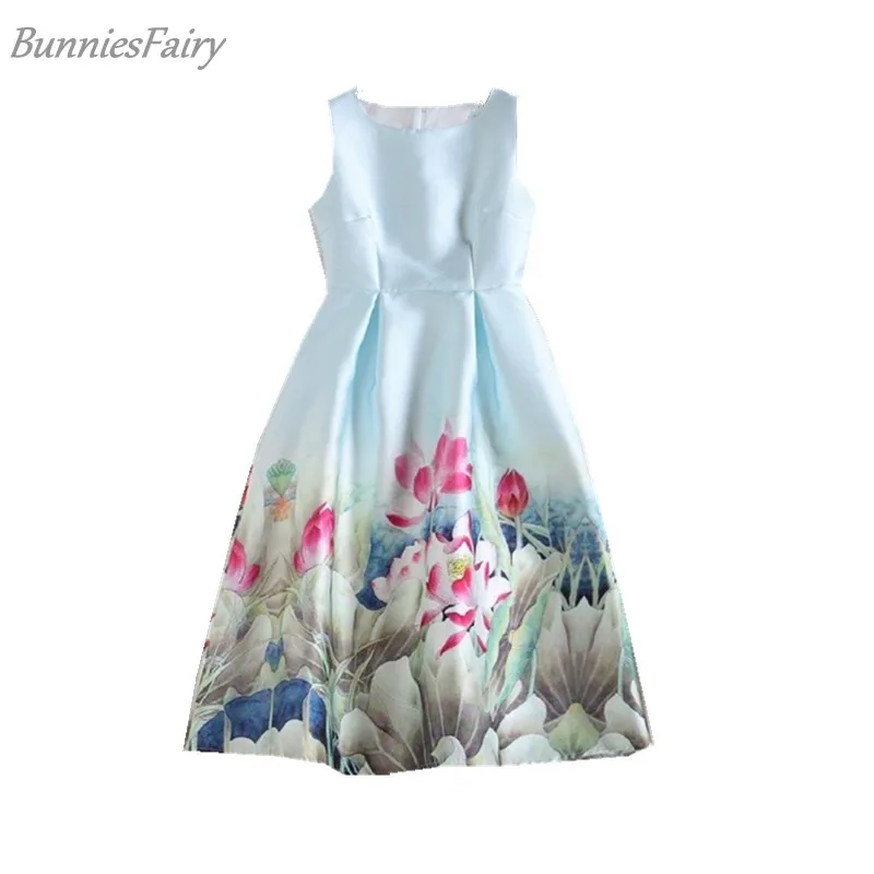 

SHEMECOR 2019 Autumn New Women Mori Girl Fresh Style Lotus Flower Floral Print High Waist A-Line Vest Dress Blue Pink Plus Size