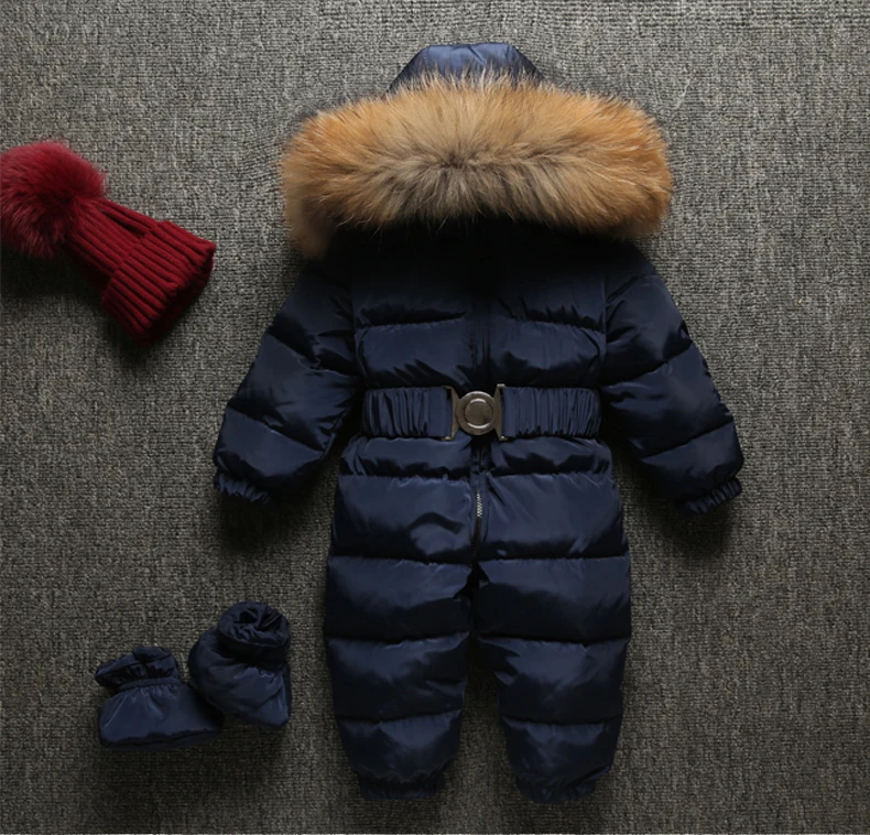 Зимние комбинезоны для малышей; Одежда для новорожденных; теплый комбинезон на утином пуху для девочек; зимний комбинезон; пальто для маленьких мальчиков; зимняя одежда; комбинезоны с перьями и мехом - Цвет: Blue
