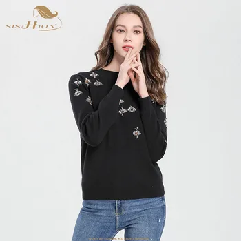 

SISHION 2019 female European and American Style goods wild beaded bee sweater 70415 knits ins black sweater streetwear women