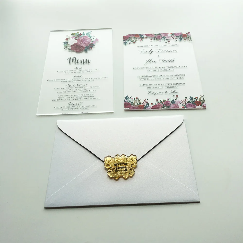  100 Sets Per Lot Unique Floral Watercolor 5x7inch Frosted Acrylic Wedding Invitation Cards - 32869746472