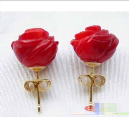 

11mm Hand-carved rose red coral stud earring good