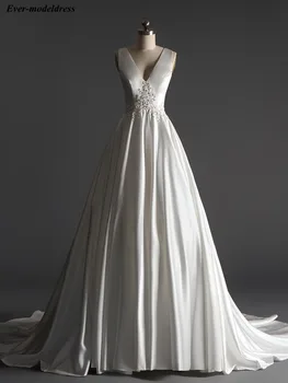 

Modest Simple Wedding Dresses Satin Lace Appliques Beaded Sequins Pearls Back Sweep Train A-Line Bridal Gowns Robe De Mariee