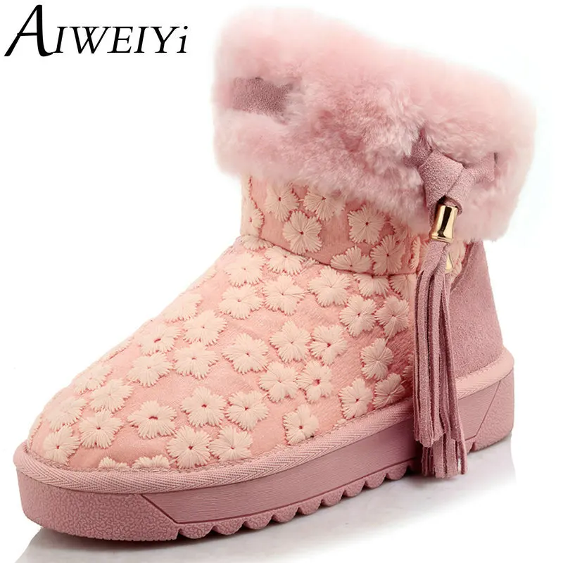 

AIWEIYi Womens Winter Boots Snow Boots Genuine Cow Leather Warm Fur Short Boots Black Pink Women Winter Shoes Big Size 34-43