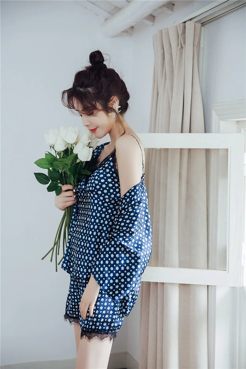 Женские шелковые пижамный комплект цветочный принт пижамы c точечным узором Cami Топ + шорты халат 3 шт. пижамы пикантные кружево атласная