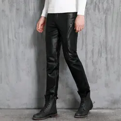 Осенние и зимние брюки из натуральной кожи мужские теплые ветрозащитные брюки среднего возраста мужские облегающие кожаные брюки