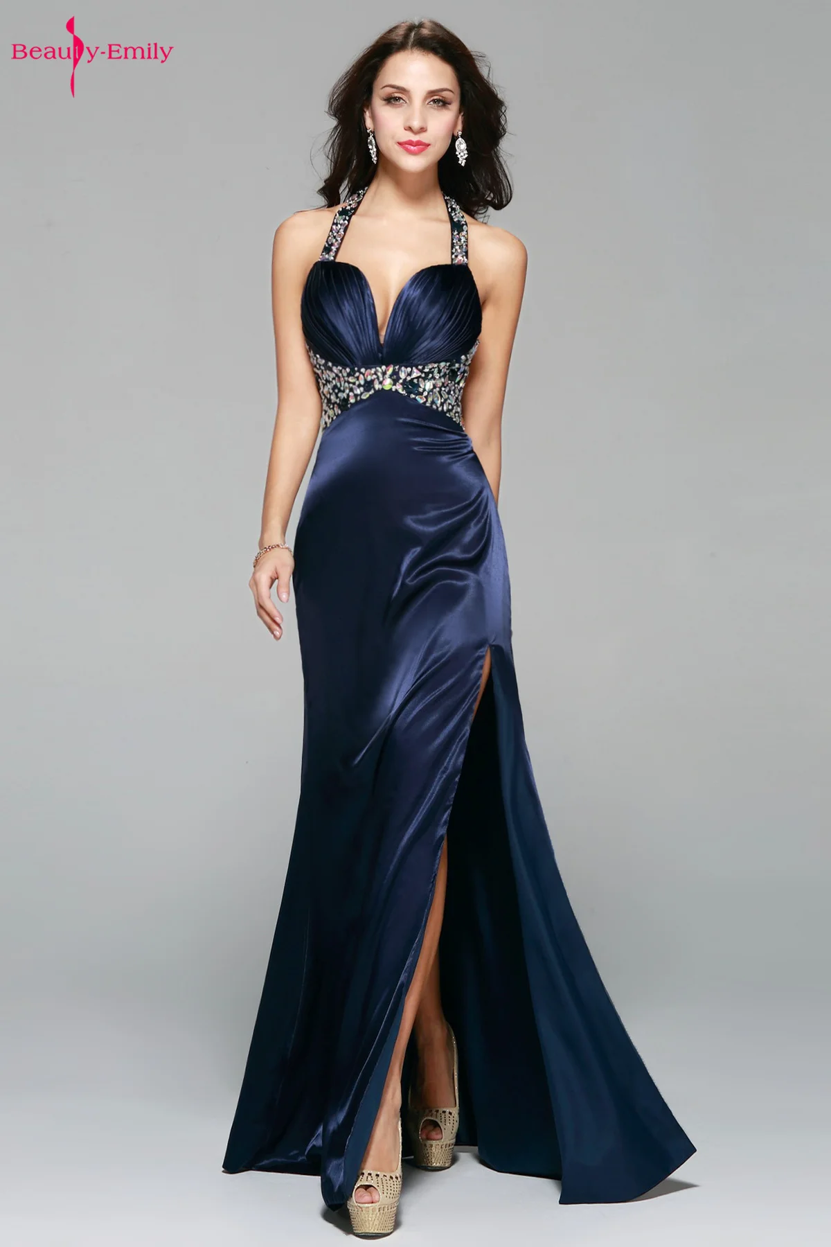 

Beauty Emily Hanging V Neck Evening Dresses Rhinestone Satin Sleeveless Party Dress High Split Open Back Prom Gowns Vestido