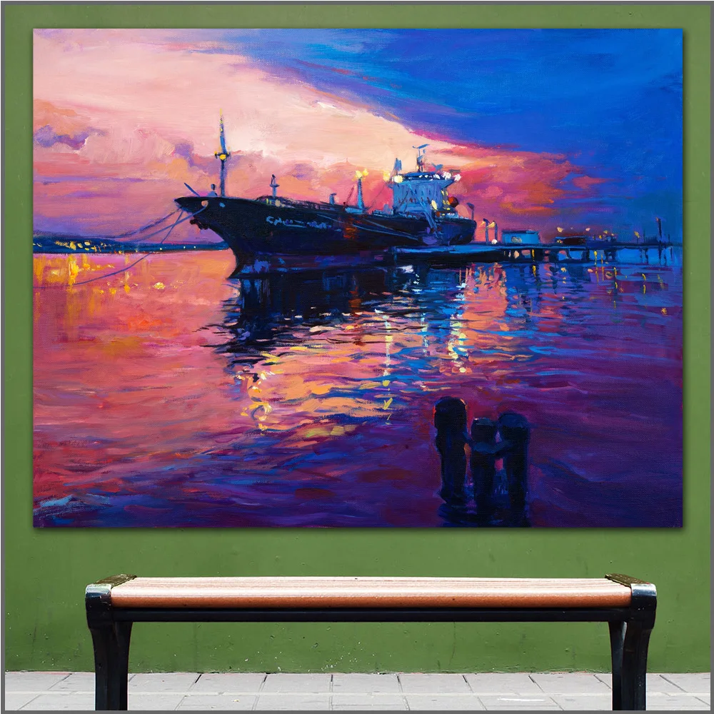 Large size Printing Oil Painting The cruise ship in the night art