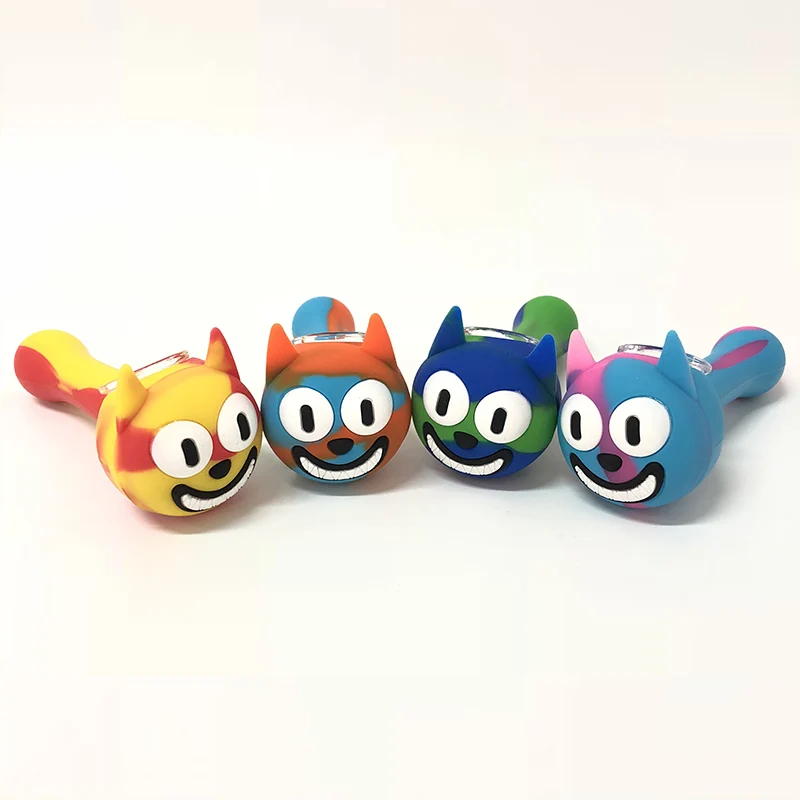 

Creative Shape Silicone Tobacco Cute Smoking Pipes VS Glass Bowl With Wax Oil Jar Cat face Stainless Steel Spoon Random Color