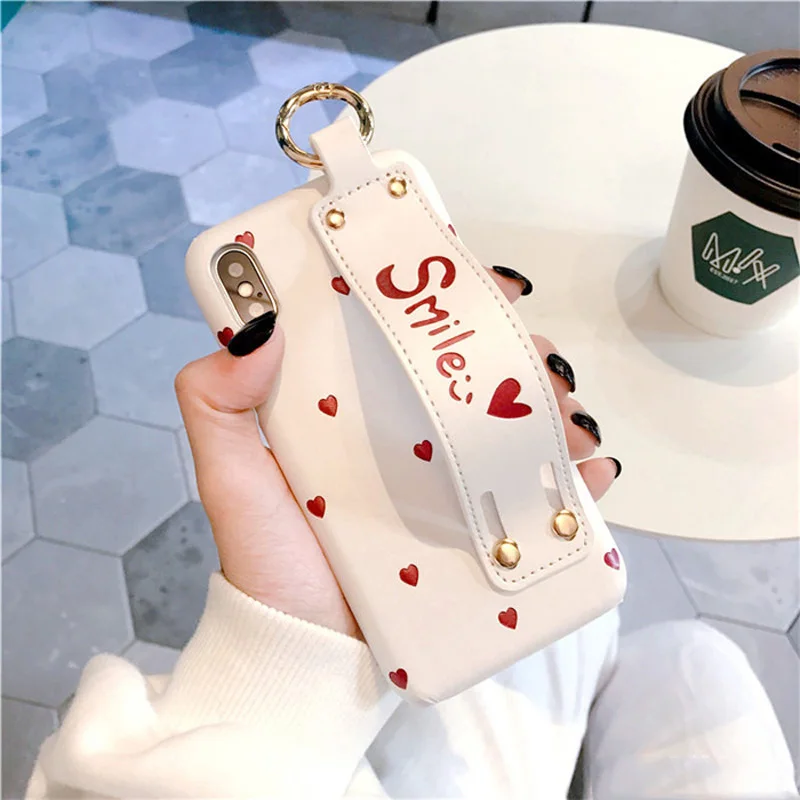 PU Leather Case with Holder Grip for iPhone XS XR XS MAX X 7 plus 7 8 6s plus6s Love Heart Patterned Hard Case with Wrist Strap