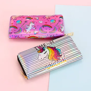 

Women FashionCartoon Leather Unicorn Wallet Cute Card Holder Laser Long Wallets For Female Zipper money Organizer Wallet
