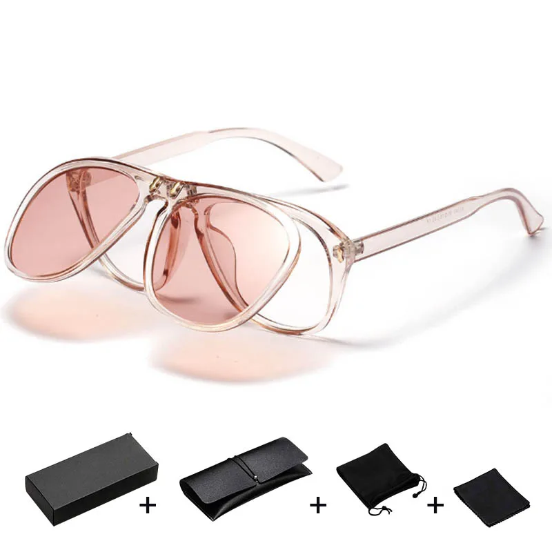 Двухслойные ретро-солнцезащитные очки с Откидывающейся Крышкой для женщин, негабаритная круглая оправа, очки для мужчин, фирменный дизайн, красные, черные солнцезащитные очки, очки для женщин - Цвет линз: C4 with box