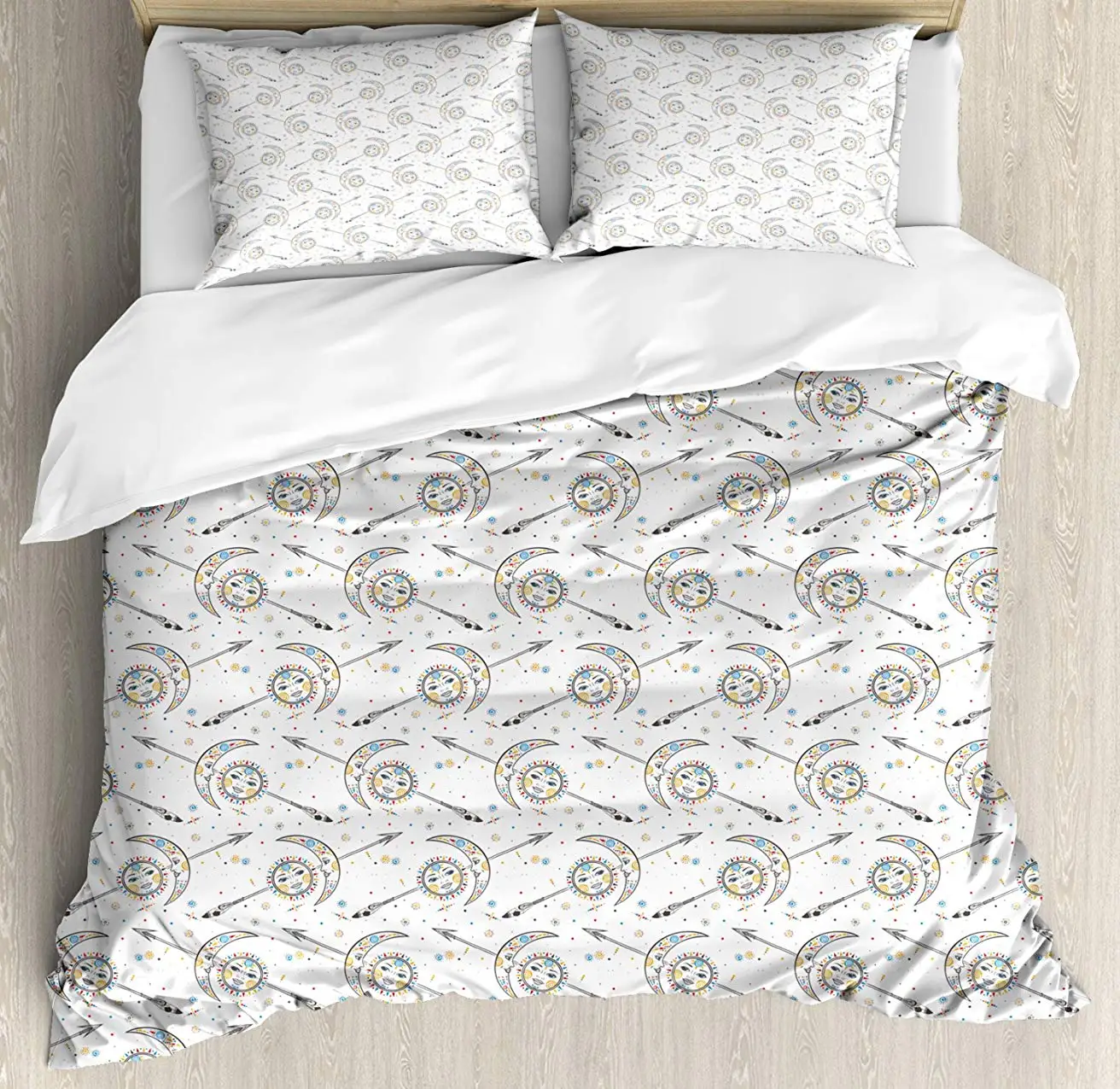 

Farm House Decor Duvet Cover Set, Horoscopes with Sun Crescent Moon Faces Boho Celestial Arrows Artprint, 3 Piece Bedding Set