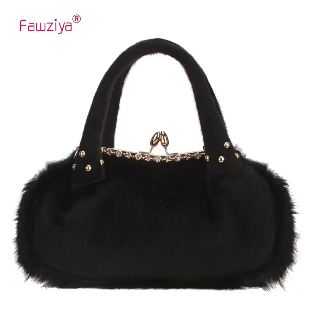 

Fawziya Crystal Kiss Lock Handle Handbags Fur Women's Clutch Handbags