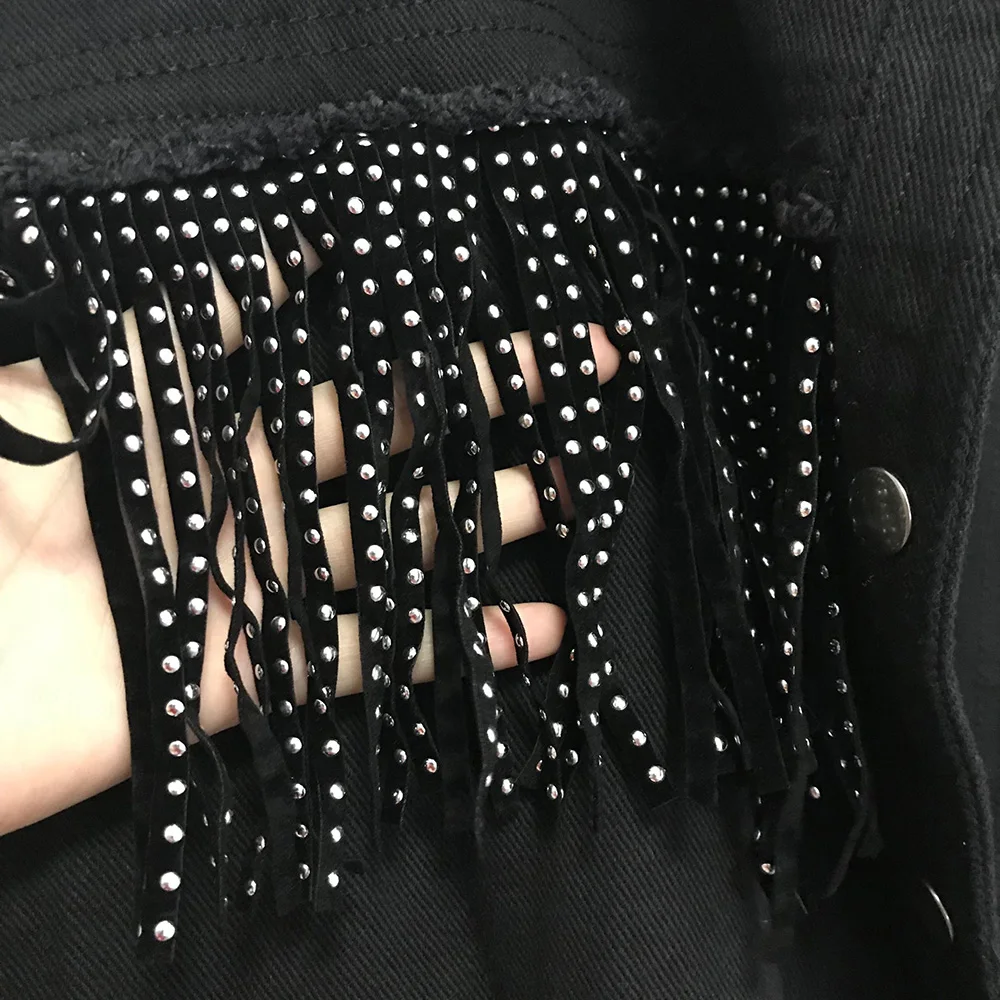 astounding 2019 Women Denim Jacket Coat Tassels Women Black Jackets Abrigo Mujer Tops For Women Chaquetas Muje