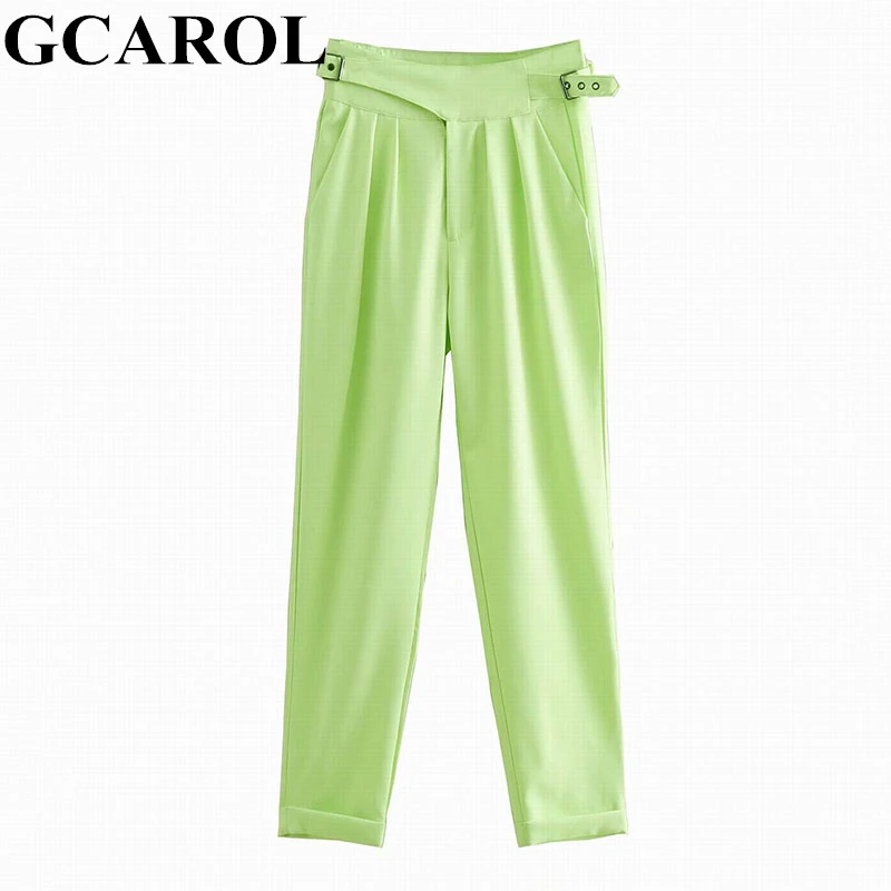 

GCAROL 2019 Spring Summer High Waisted Neon OL Pants Buckle Pleated Suit Pants Bright Color Ankle Length Pants Trousers