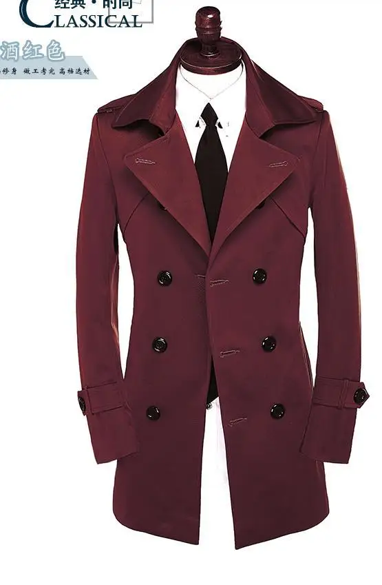 Черный, серый, бежевый, красный, зима, Мужская одежда, Тренч, пальто, Мужское пальто средней длины, мужской осенний тонкий плащ размера плюс - Цвет: Wine red