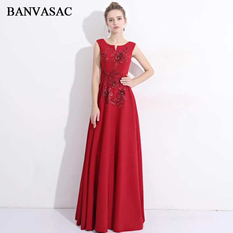 

BANVASAC 2018 O Neck Crystal Flowers A Line Long Evening Dresses Elegant Embroidery Party Beading Backless Prom Gowns