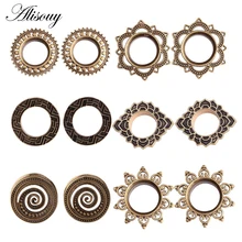 Alisouy, 1 пара, винтажные, антикварные, латунные, для уха, телесный, тоннель, сердце, полый, любовь, цветок, двойная вспышка, для уха, калибр, пирсинг, ювелирные изделия для тела