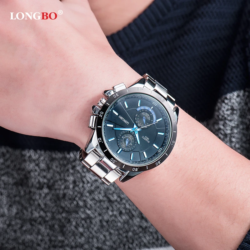 Longbo модный бренд спортивной Стиль из нержавеющей стали световой Водонепроницаемый кварцевые часы Роскошные наручные часы Мужские часы 8833