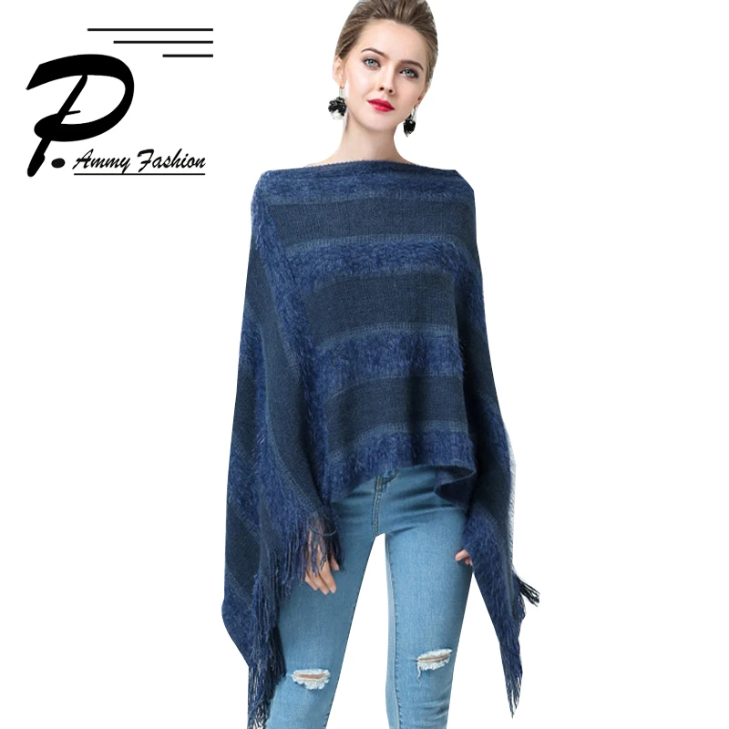 2018 Европа большой размер длинные волосы нерегулярные кисточкой pullover shawl sweater Для женщин новые модные рукавах полосатый шерстяной шали