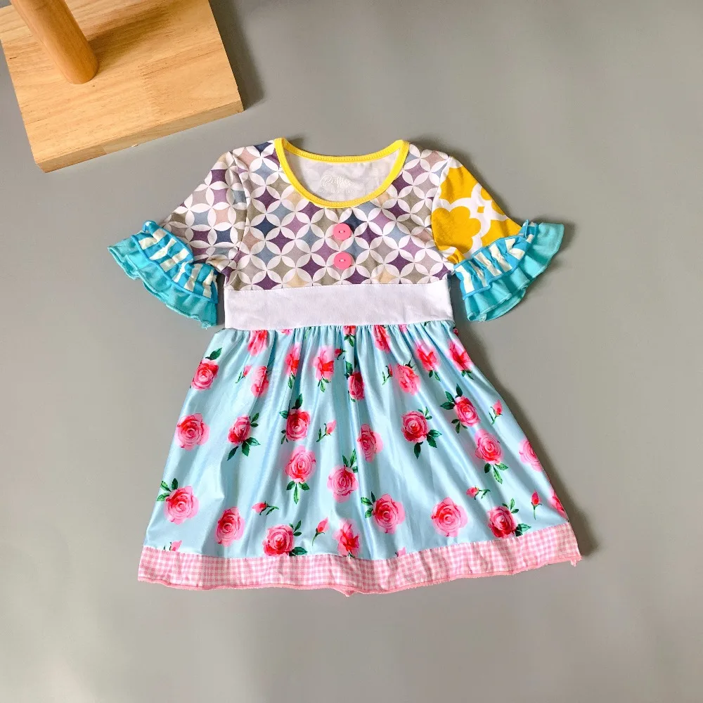 Pink flower princess dress geometry Ruffle Baby Girls Flare Sleeve Dress for present