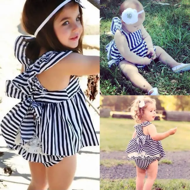 Backless Dress Bow Cotton Briefs 2Pcs Set Clothing Girl 2016 New Baby Girls Clothes Sets 2pcs Summer Sunsuit Outfit Stripe 3