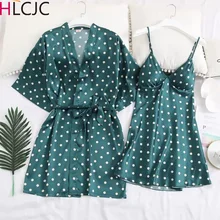 Женский халат и платье, комплект из 2 предметов, атласная Ночная одежда в горошек, комплекты одежды для сна, женская одежда для сна из шелка
