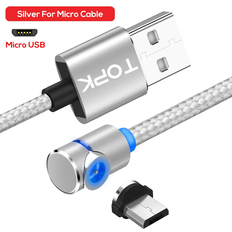 TOPK L-Line1 1 м и 2 м светодиодный магнитный Micro USB кабель 90 градусов L Форма Магнит USB зарядное устройство кабель для Micro USB порт и разъемы - Цвет: Silver Micro Cable