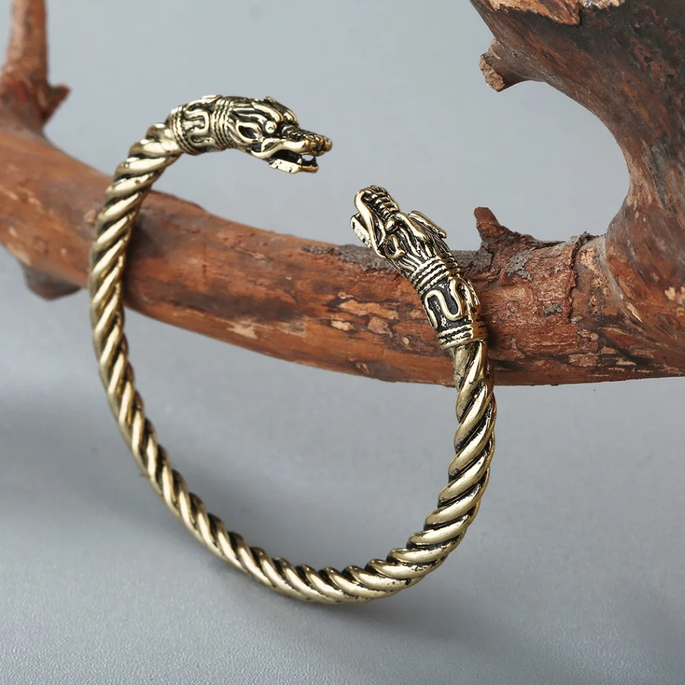 Kinitial Men Nordic Viking Dragon Bangle Antique Jewelry Silver Color Bronze Open Cuff Bracelet Scandinavian Costume Accessories bangle bracelet