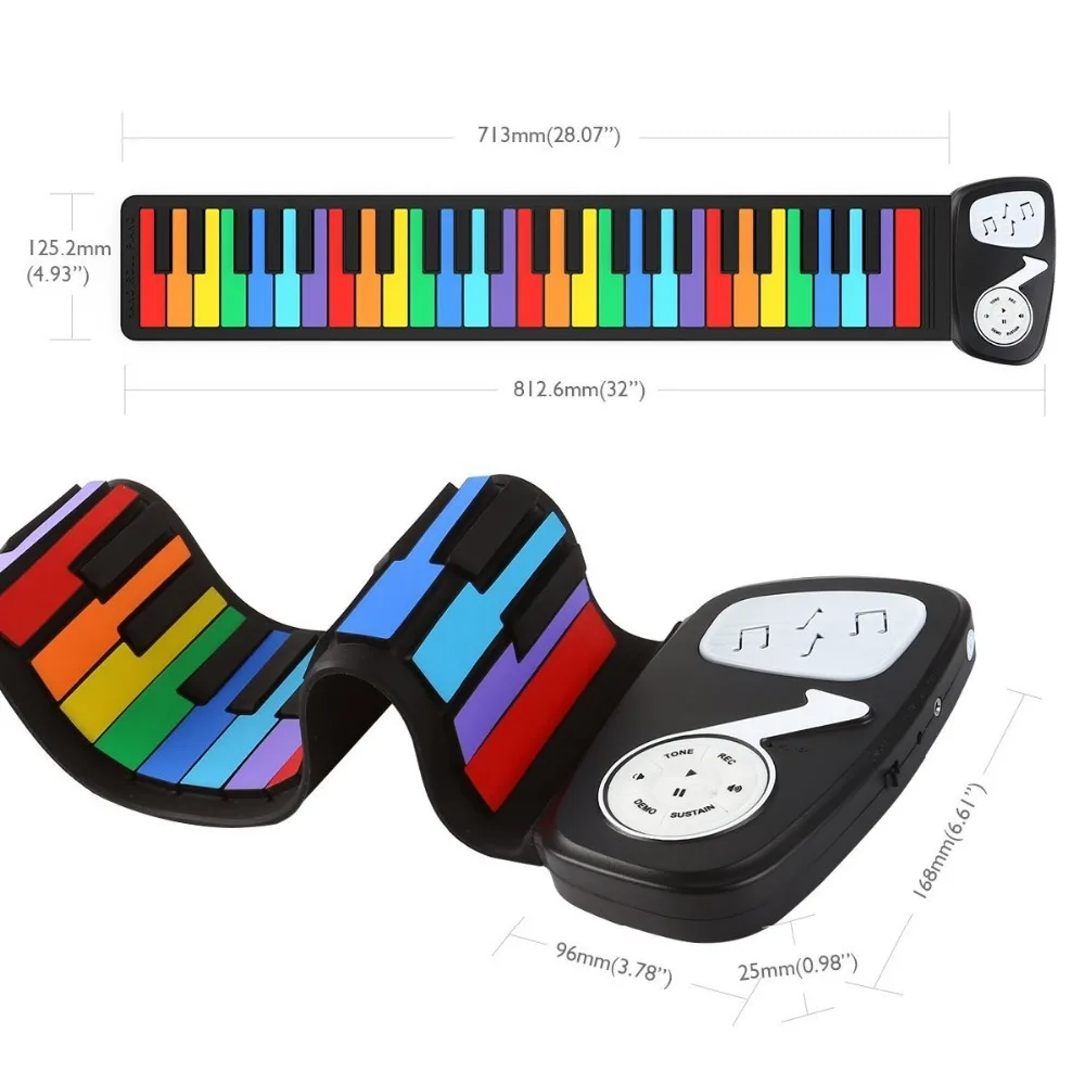 

Portable 49-key Flexible Hand Roll Piano Children's Entry Electronic Soft Keyboard Silicone Rainbow for Children Learning Gift