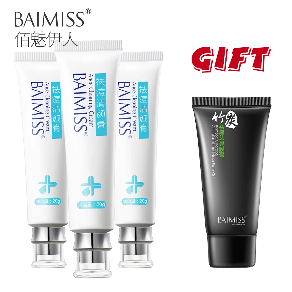 

Buy 3 get 1 gift BAIMISS Acne Cleaning Cream 3pcs Anti Acne Treatment + Nose Black Head Remover Face Black Mask 1pcs Skin Care