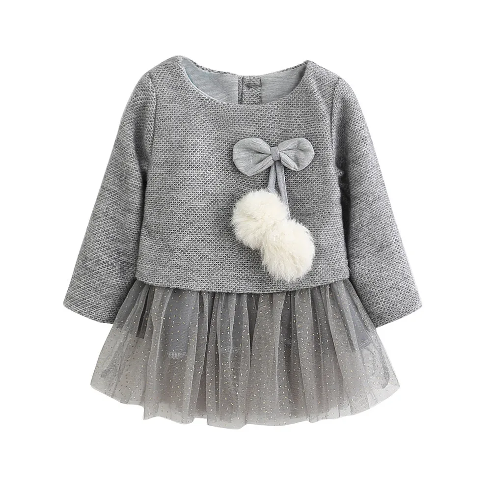 Высококачественное зимнее вязаное шерстяное платье с длинными рукавами для маленьких девочек платье-пачка принцессы с бантом для новорожденных милое vestido infantil, на возраст от 0 до 24 месяцев - Цвет: Gray