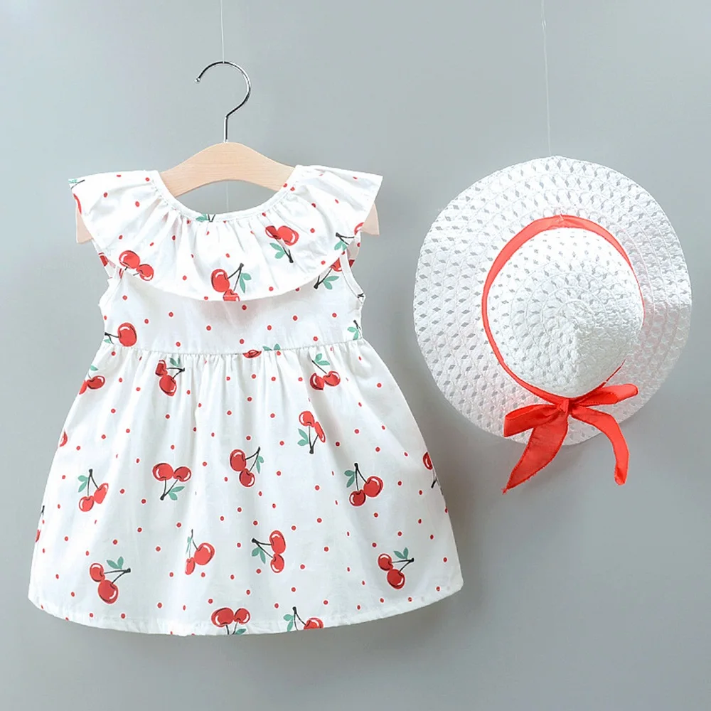 

2019 New Baby Girl Clothes Dress+Hat Beach Cherry Bow Casual Summer Cotton Princess Clothing Children Kids Baby Girl Dresses